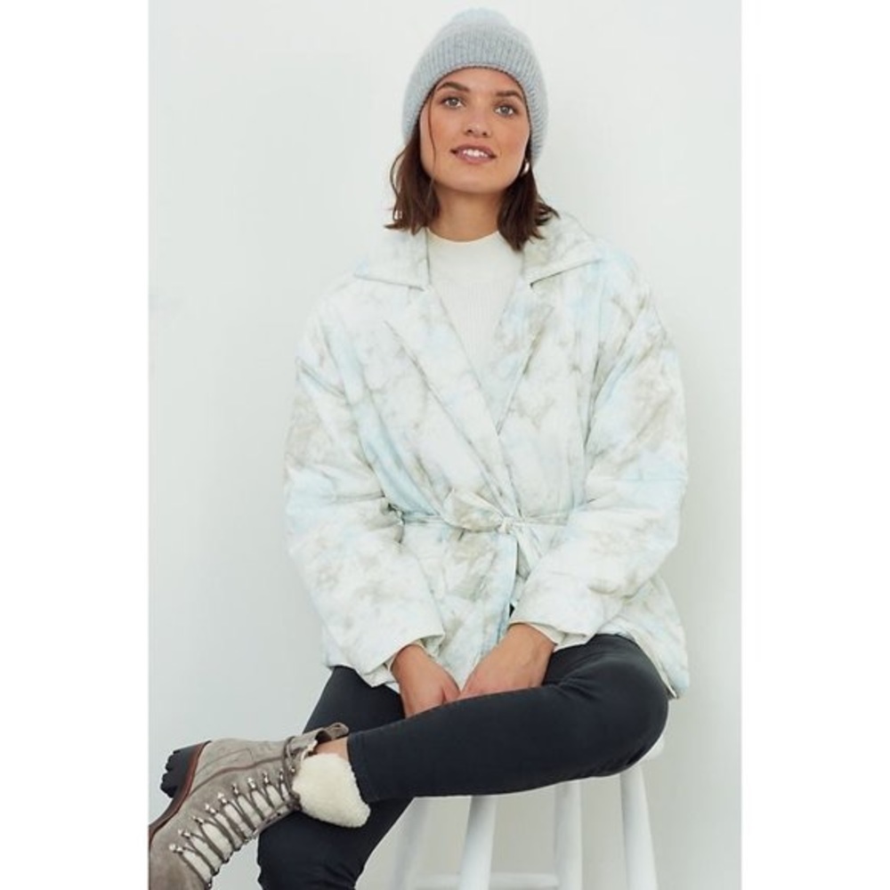 BlankNYC Perfect Day Puffer Coat Watercolor Print Belted Two Snap Button Front